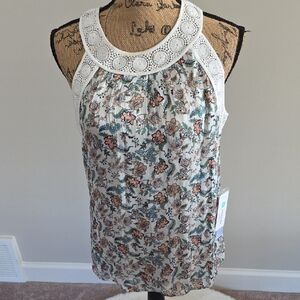 Floral Sleeveless Blouse with Crochet Detail